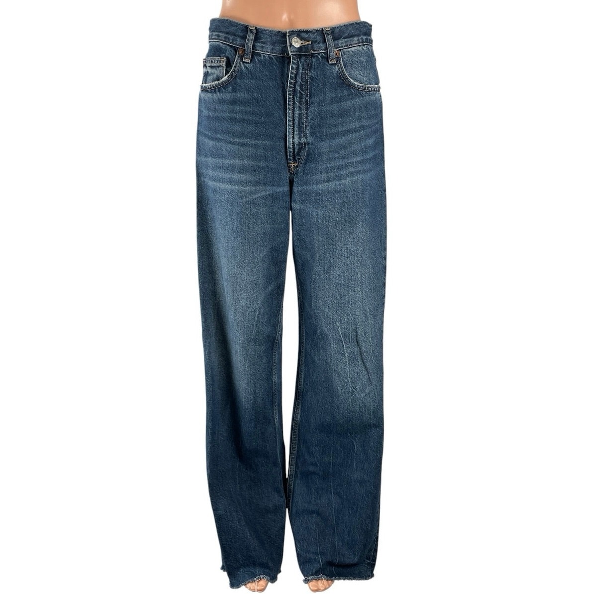 Zara Women Blue Medium Wash High Rise Straight Wide Leg Baggy Denim Jeans Size 6